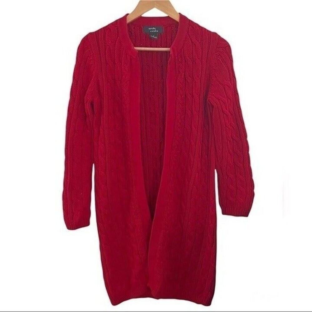 Sandra & Andre Red Cable Knit Open Front Cardigan Sweater Women’s Small Cozy